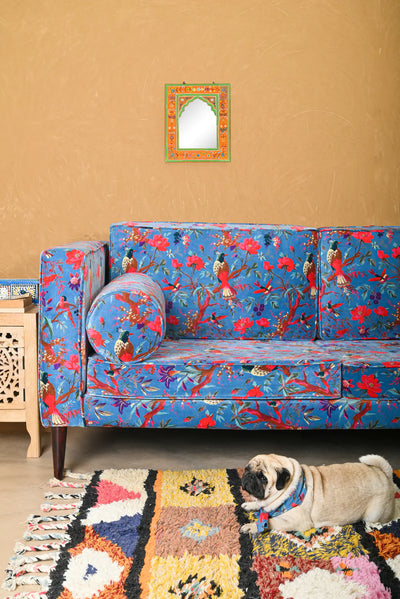 Luxury Blue Bird Of Paradise Printed Cotton Velvet Sofa