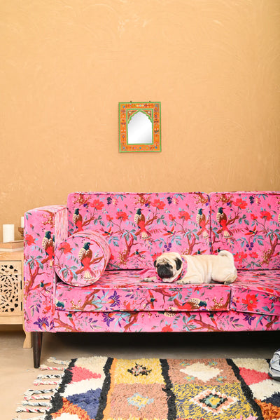 Luxury Pink Bird Of Paradise Printed Cotton Velvet Sofa