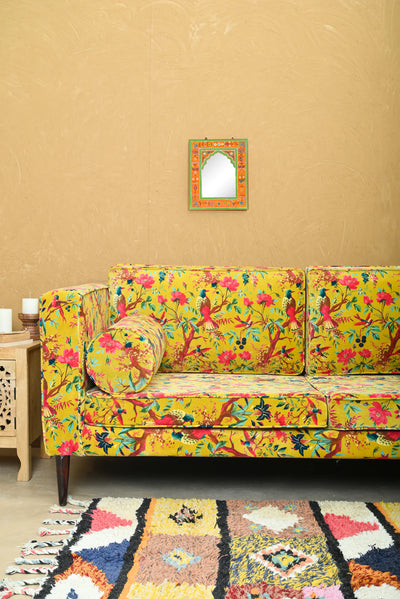 Luxury Yellow Bird Of Paradise Printed Cotton Velvet Sofa